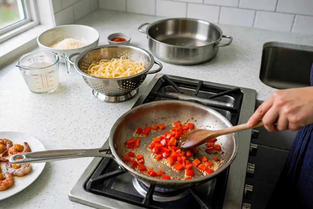 Diced red bell pepper sautéing in a skillet