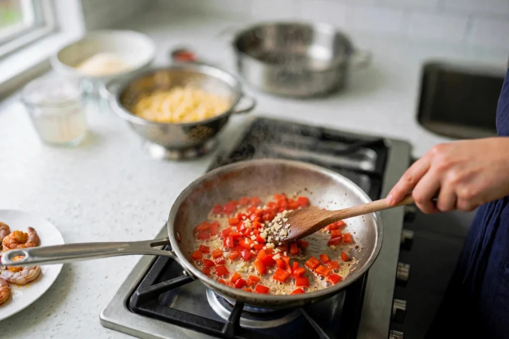 Minced garlic added to sautéed bell pepper