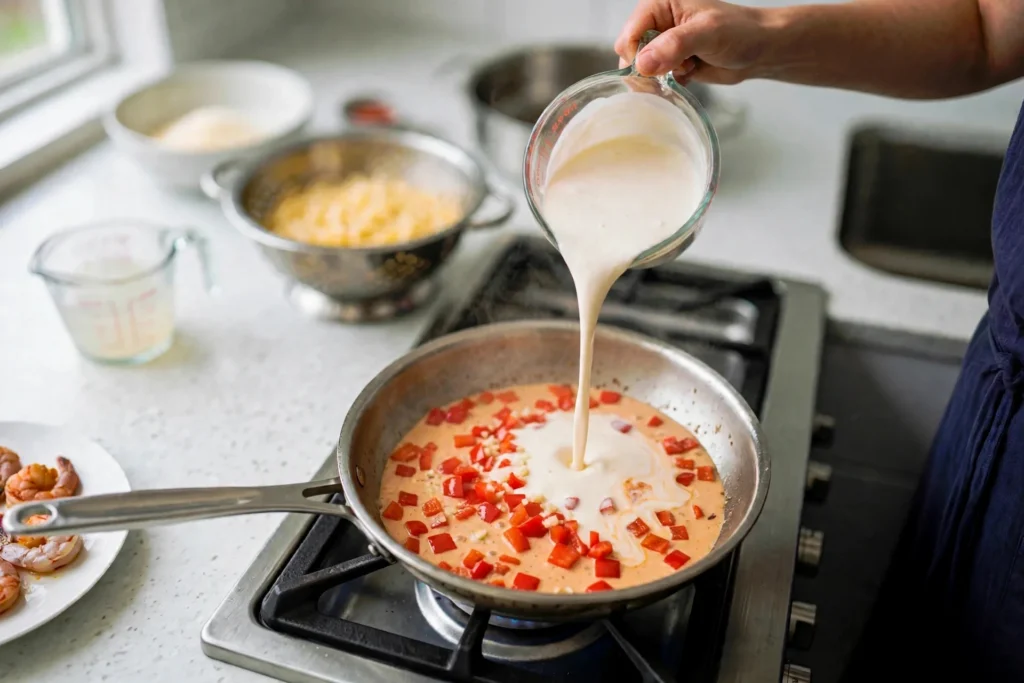 Pouring heavy cream into a skillet
