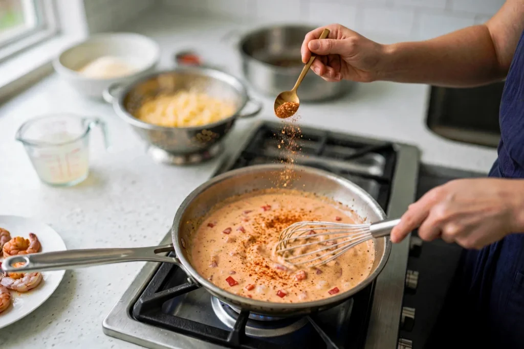 Sprinkling Cajun seasoning and paprika into cream sauce