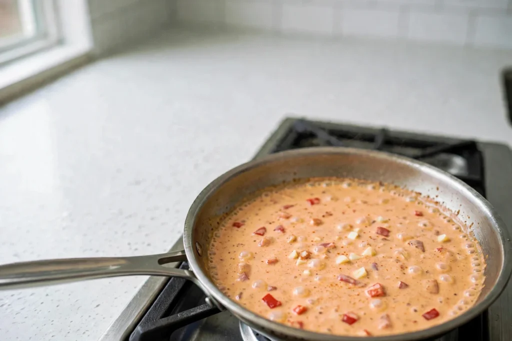 Cajun cream sauce gently simmering in a skillet