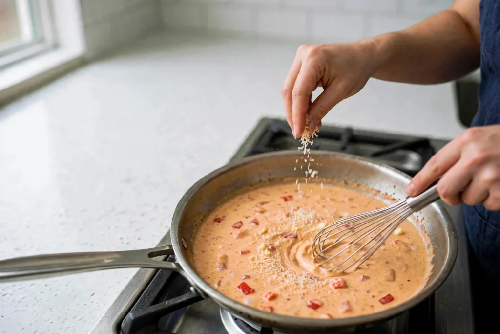 Grated Parmesan melting into Cajun cream sauce