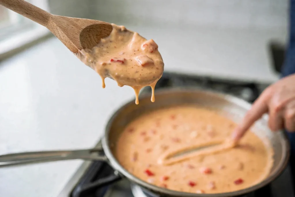 Thick Cajun cream sauce coating the back of a spoon
