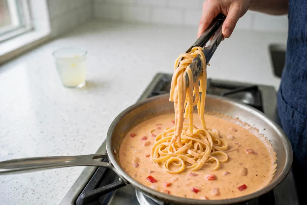 Adding cooked fettuccine to Cajun cream sauce