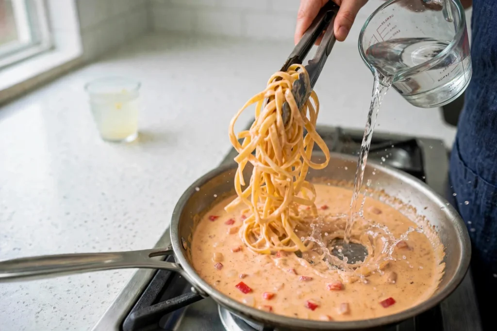 Tossing fettuccine in Cajun cream sauce with pasta water
