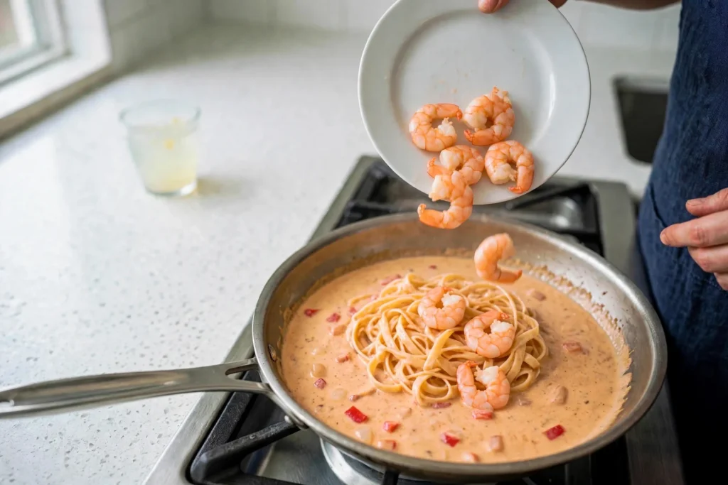 Returning cooked shrimp to the skillet of pasta