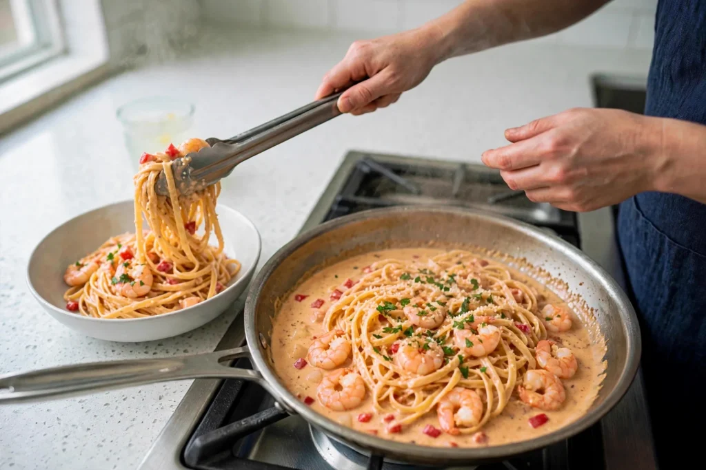 Serving creamy Cajun shrimp pasta into a white bowl