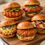 Five chicken sandwiches on a wooden board: hot honey pickle, Korean gochujang, jalapeño popper, spicy fried and bacon ranch
