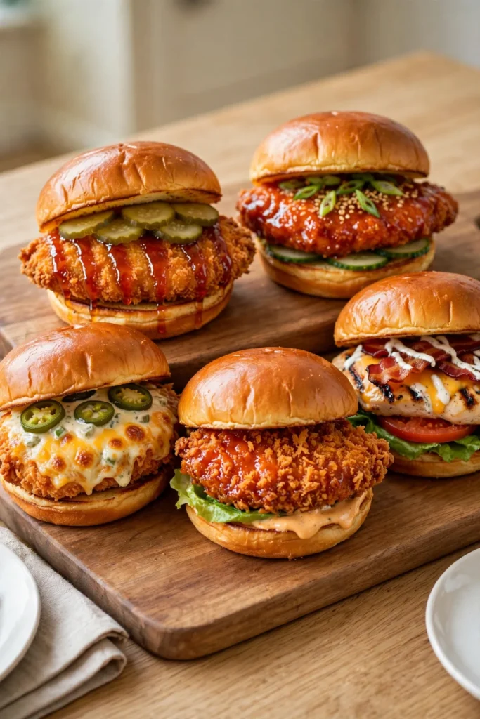 Five chicken sandwiches on a wooden board: hot honey pickle, Korean gochujang, jalapeño popper, spicy fried and bacon ranch