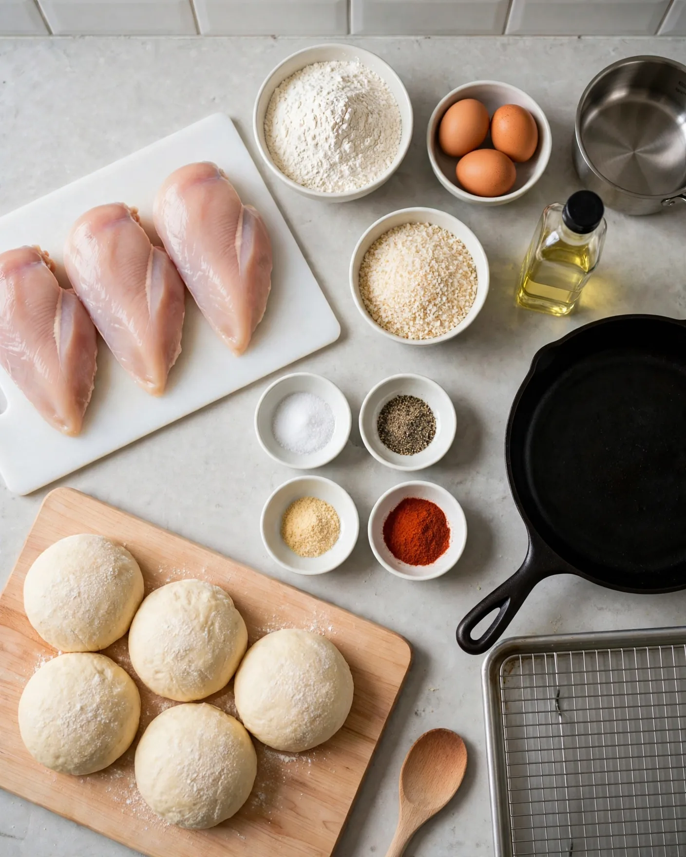 Raw chicken breasts, flour, eggs, panko, oil, spices and brioche buns laid out
