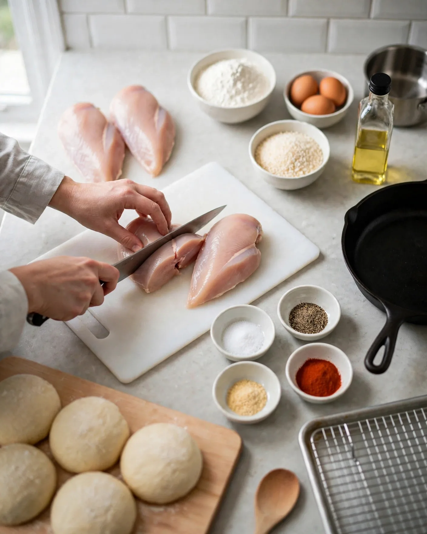 Slicing a raw chicken breast horizontally into two thin cutlets