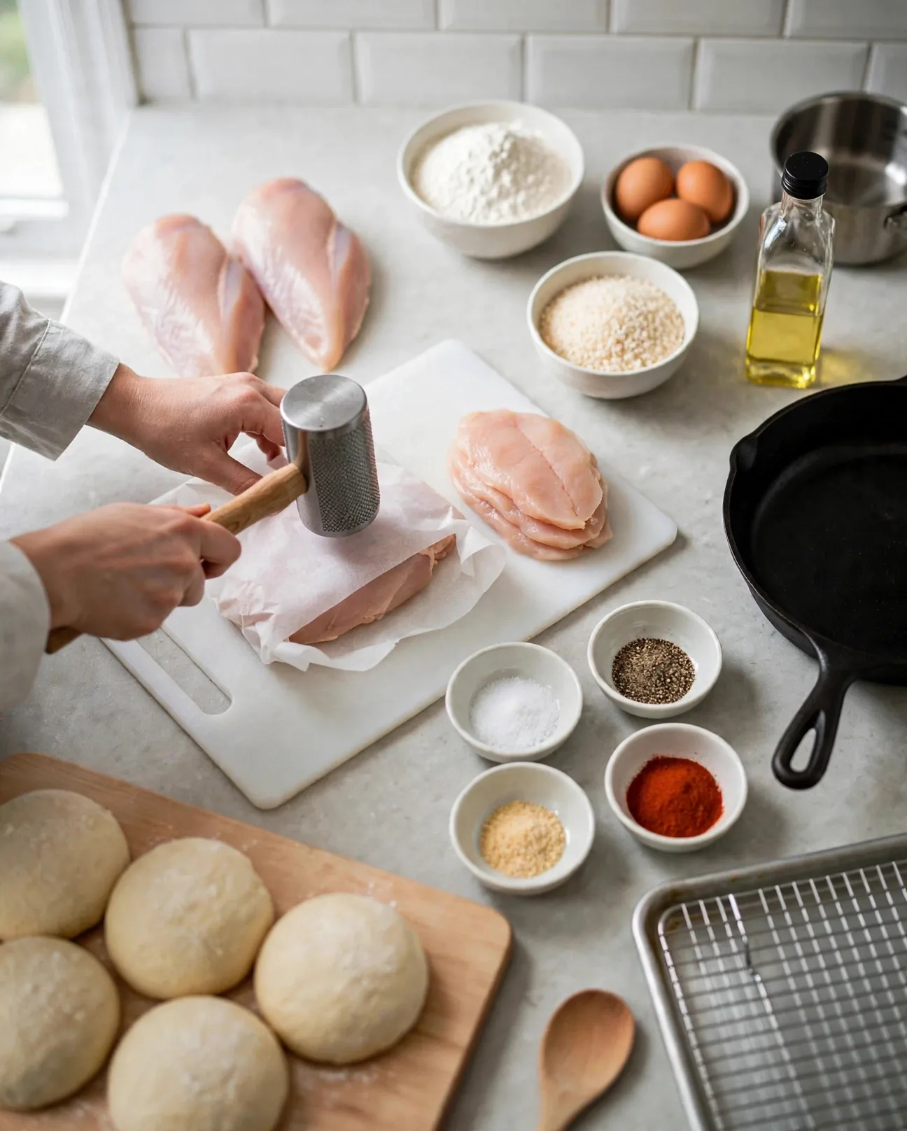 Pounding a raw chicken cutlet flat between parchment sheets