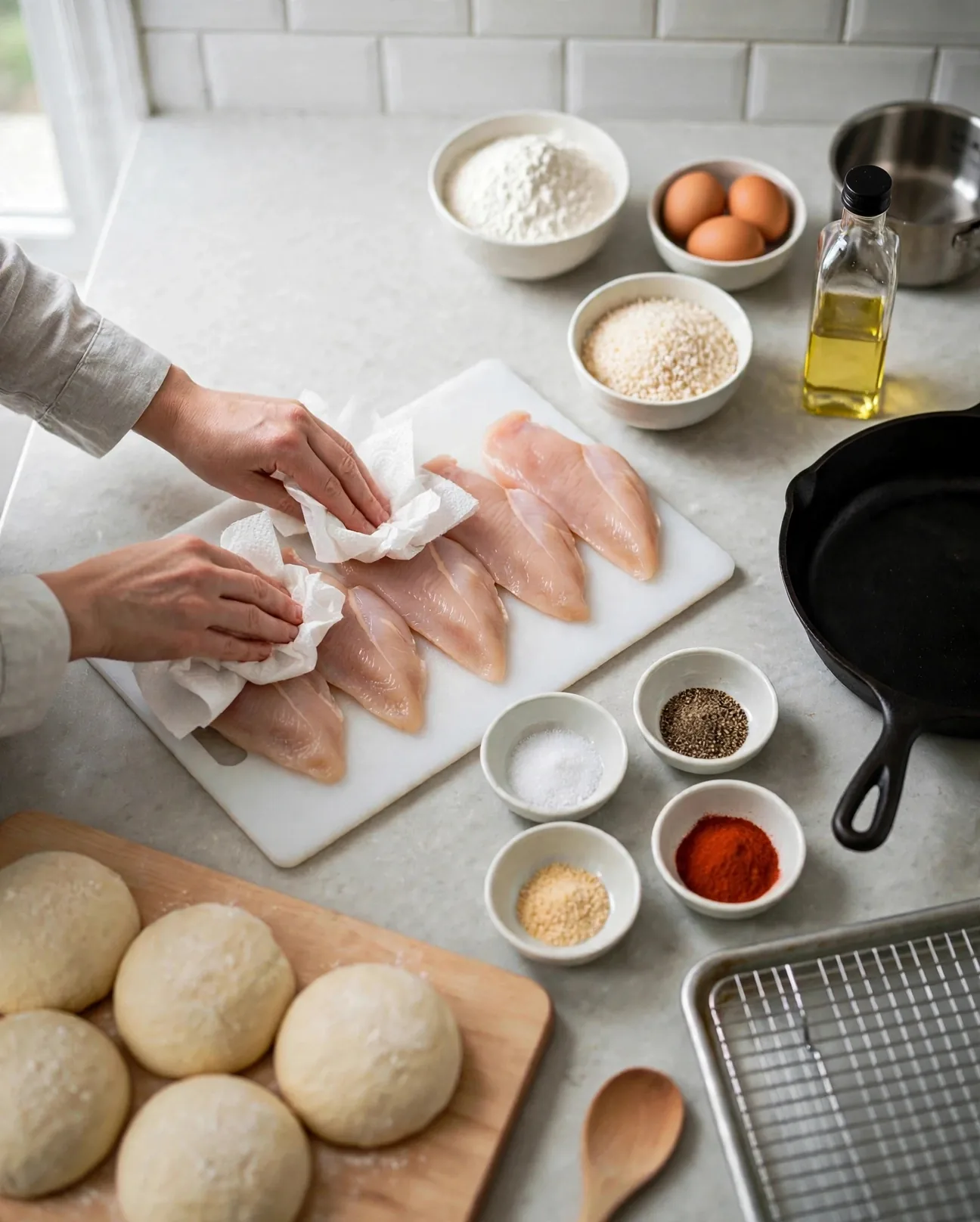 Five flat raw chicken cutlets being patted dry with paper towels