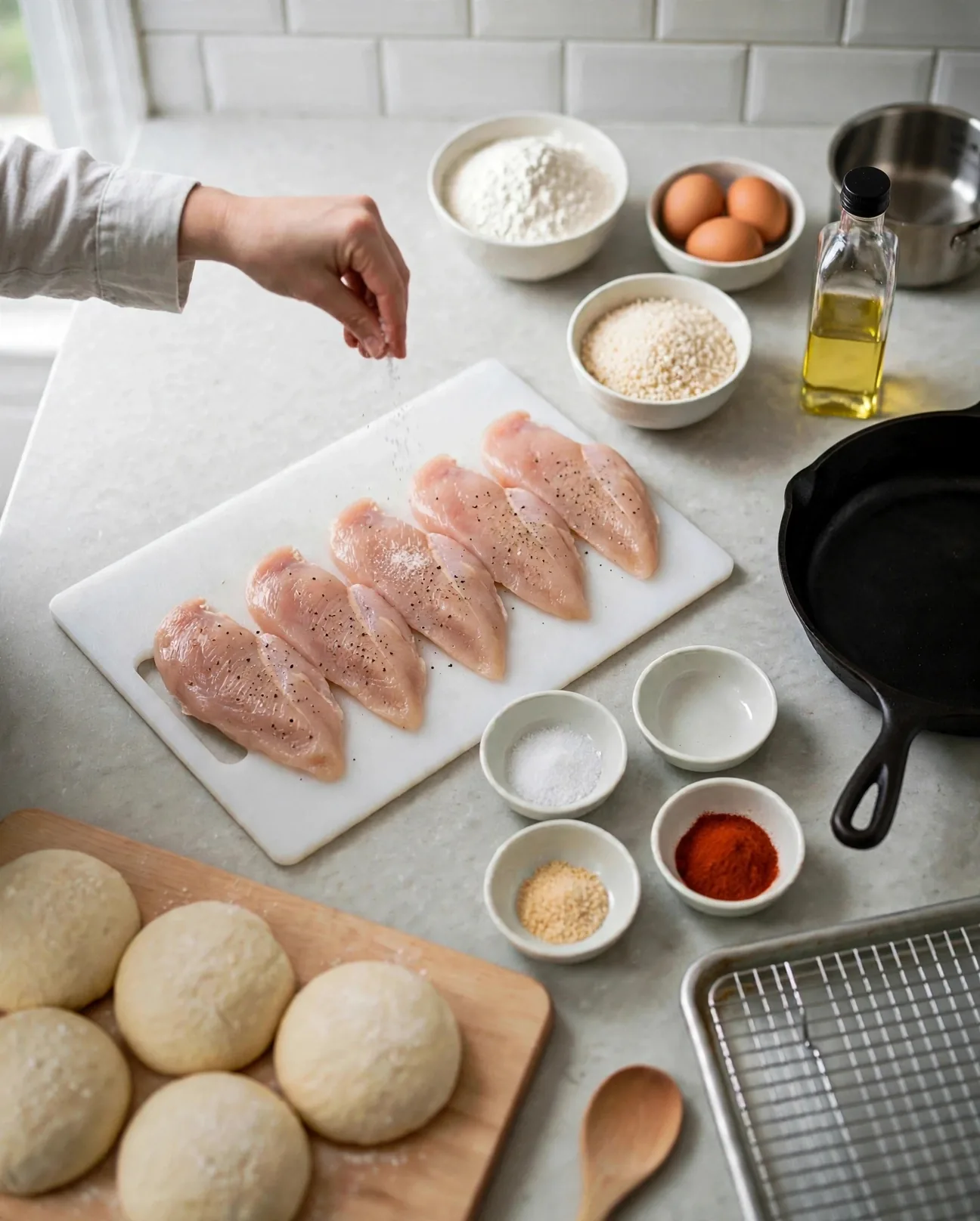 Seasoning five raw chicken cutlets with salt and black pepper
