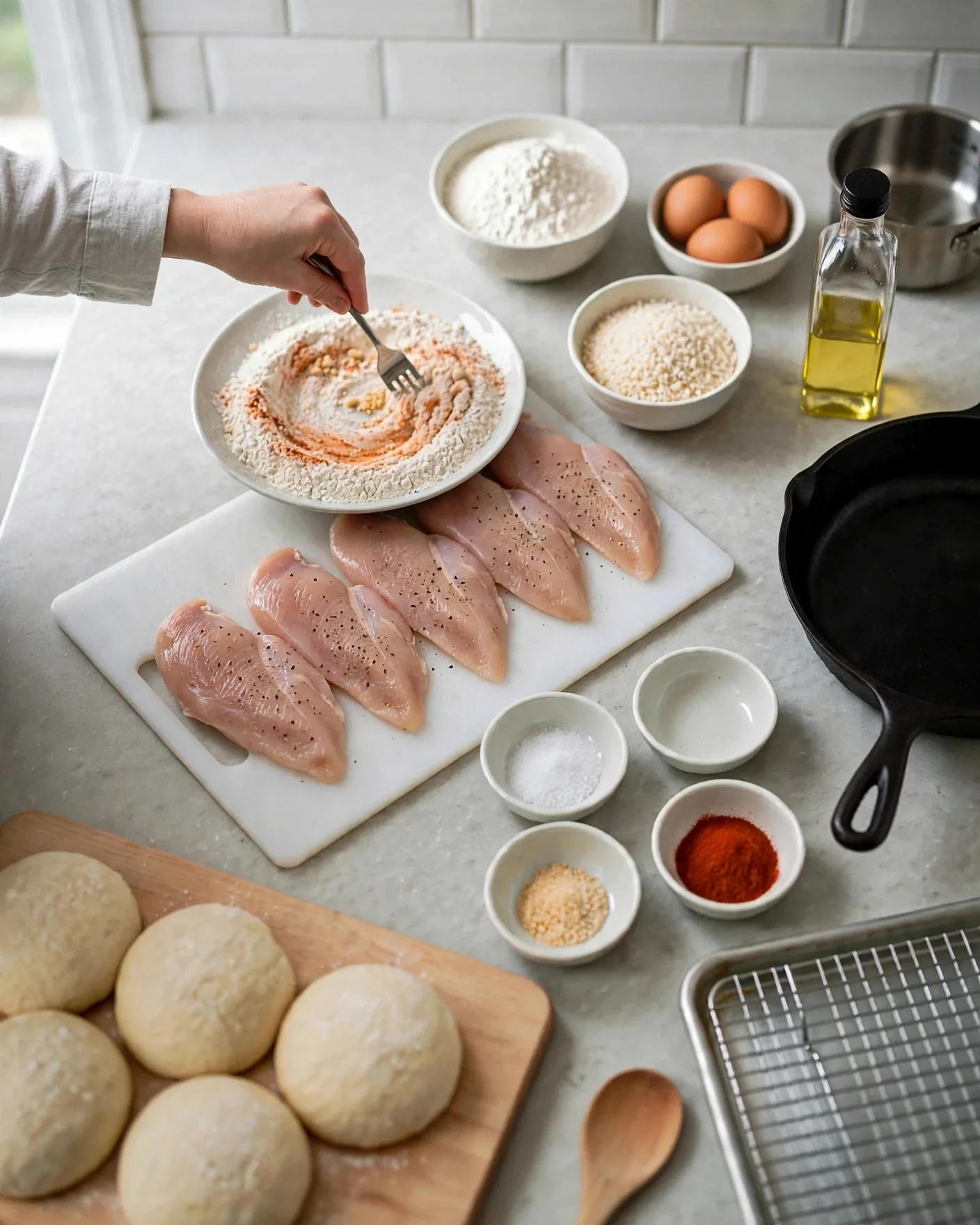 Whisking garlic powder and paprika into a shallow dish of flour