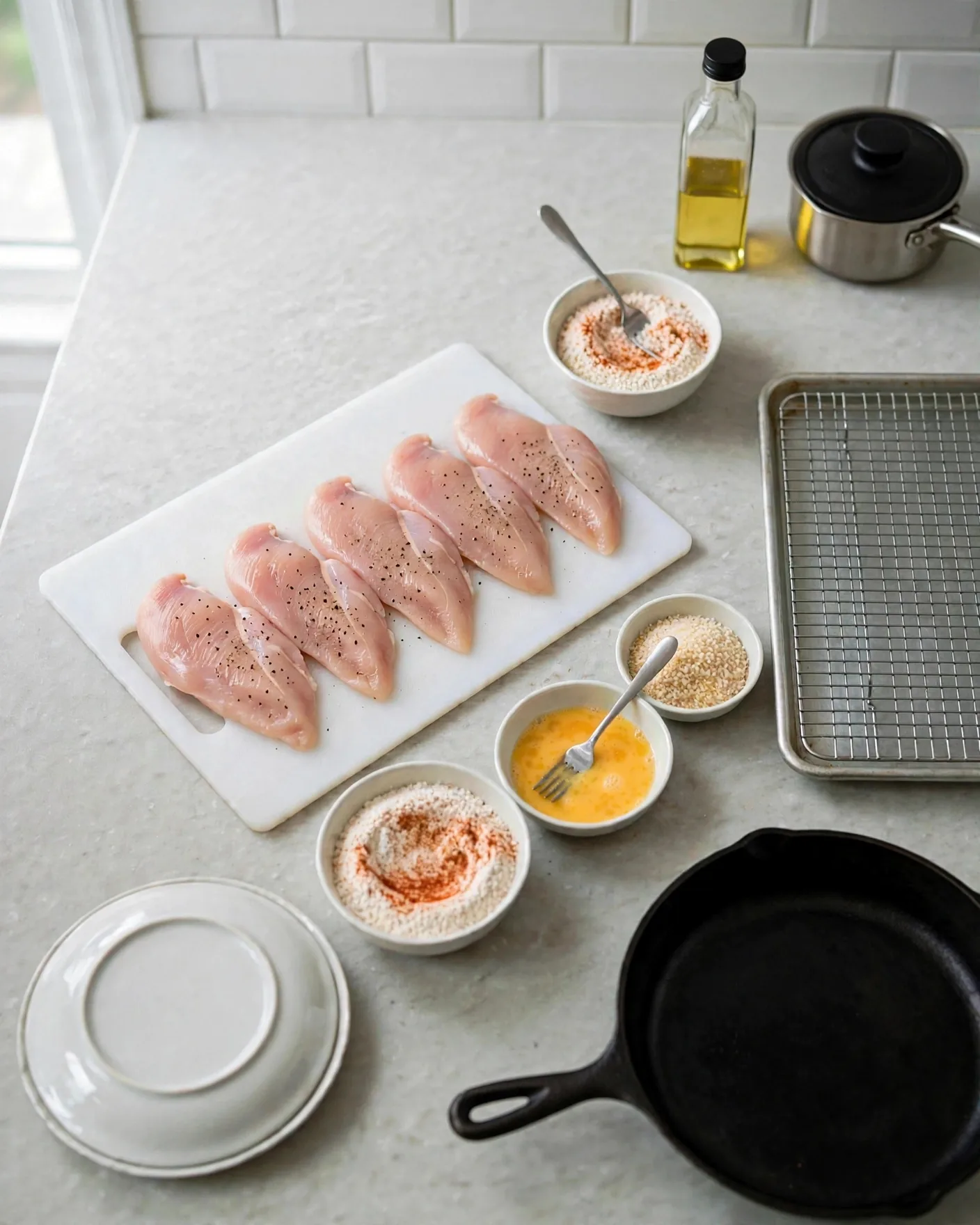 Breading station with flour, beaten eggs, panko and a wire rack in a row