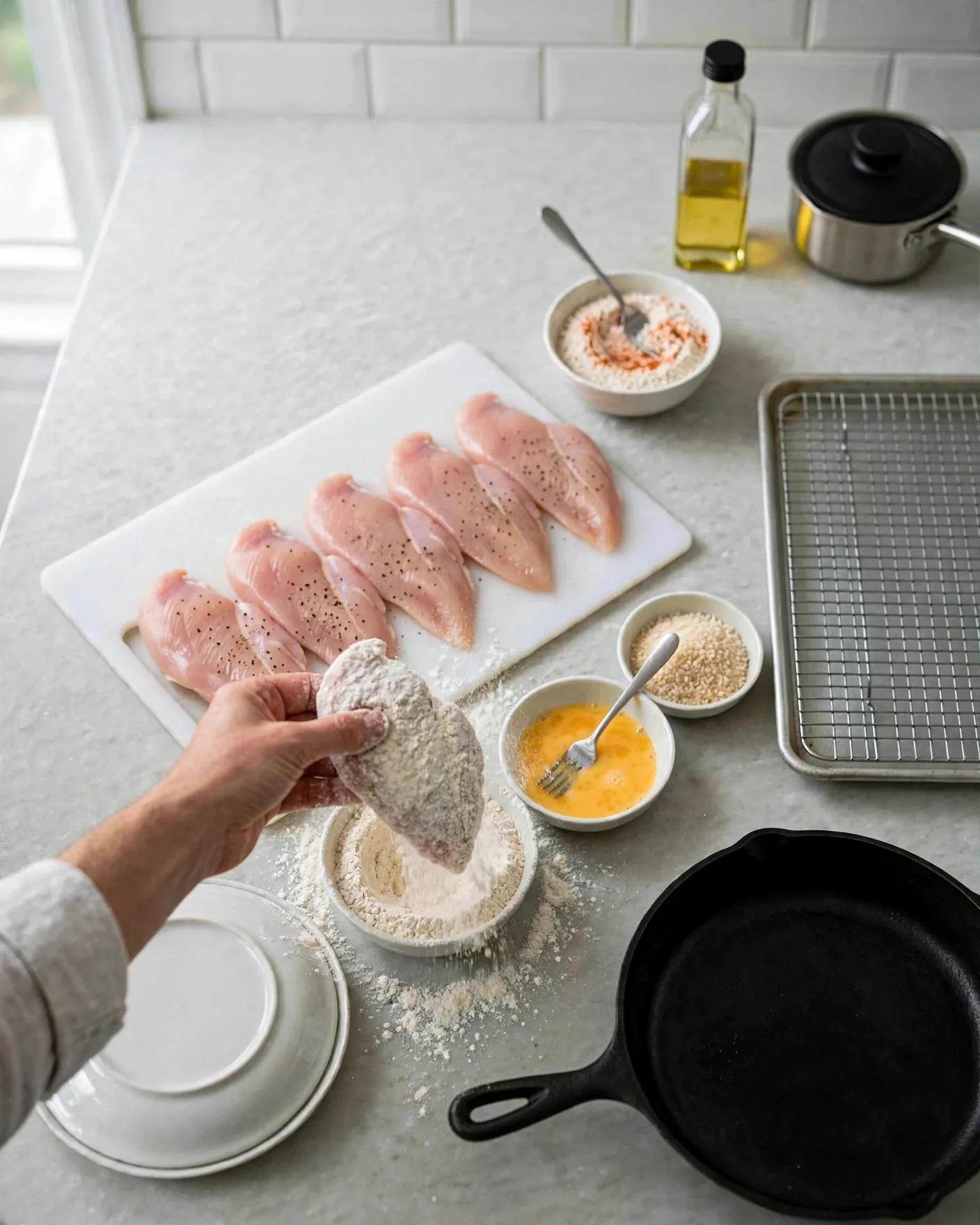 Coating a raw chicken cutlet in seasoned flour