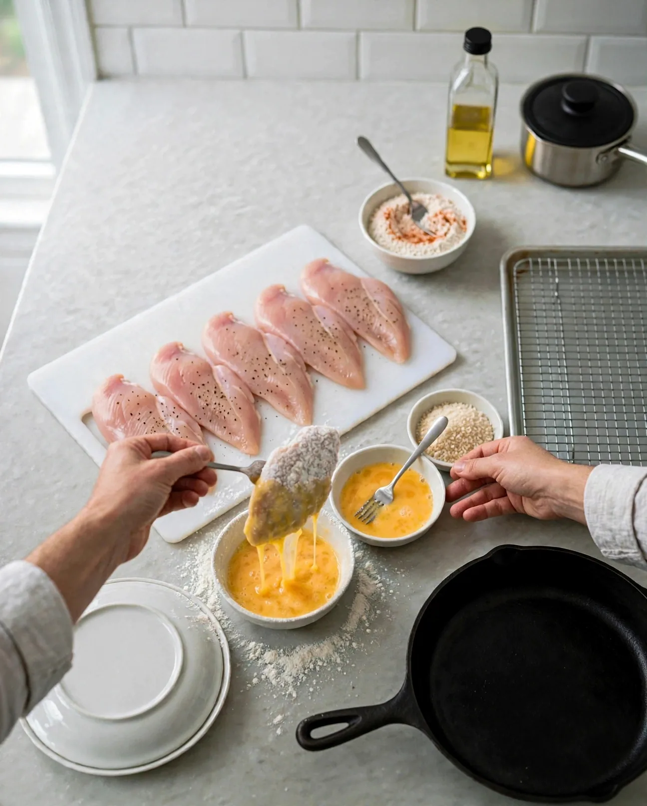 Dipping a floured chicken cutlet into beaten eggs