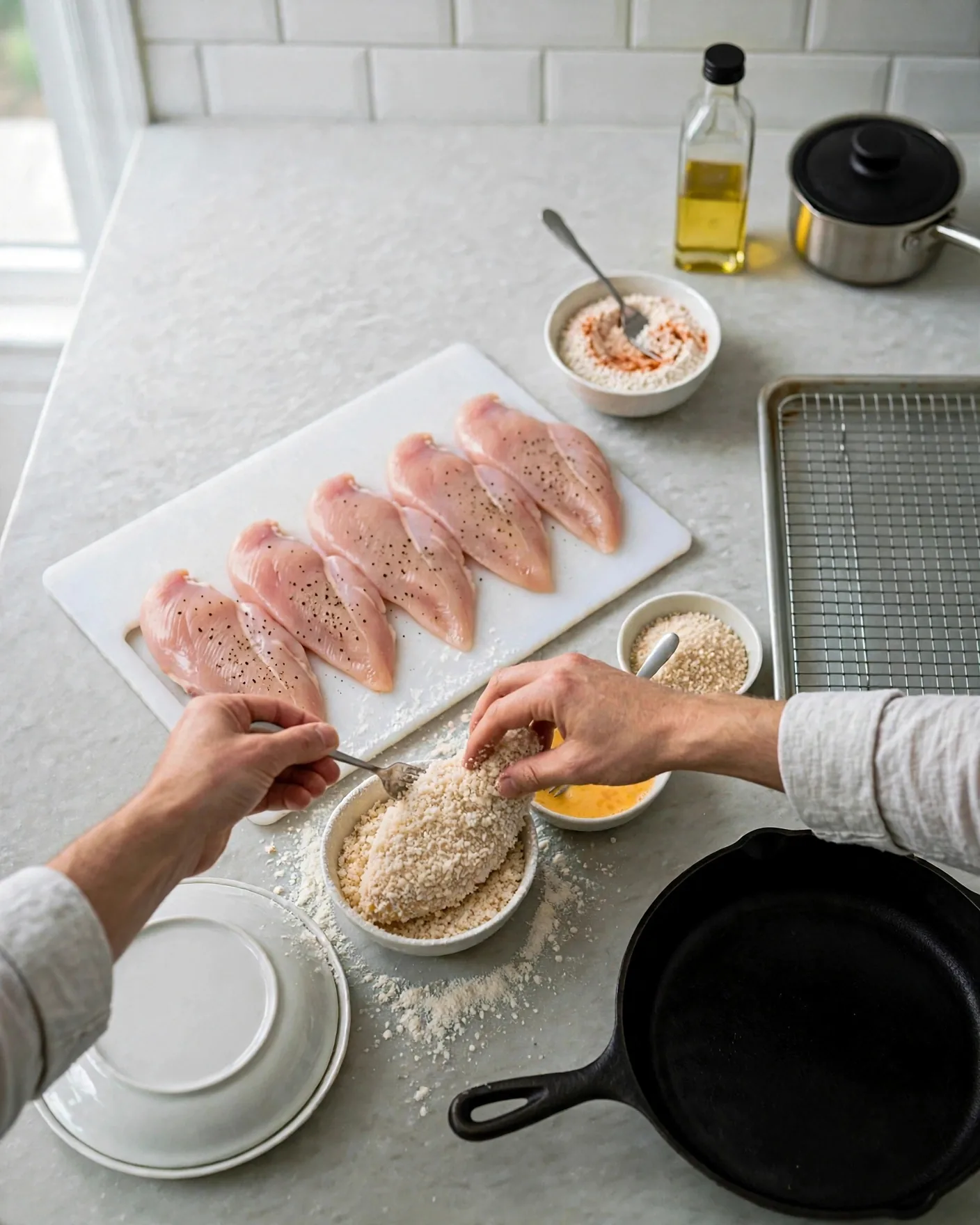 Pressing a chicken cutlet into panko breadcrumbs