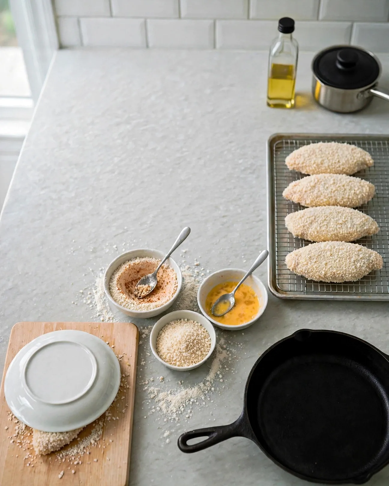 Four breaded raw chicken cutlets resting on a wire rack