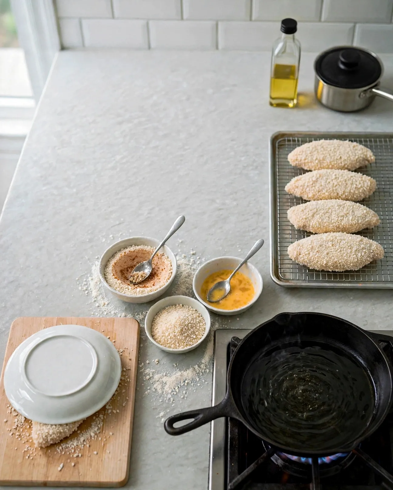 Frying oil heating in a cast-iron skillet
