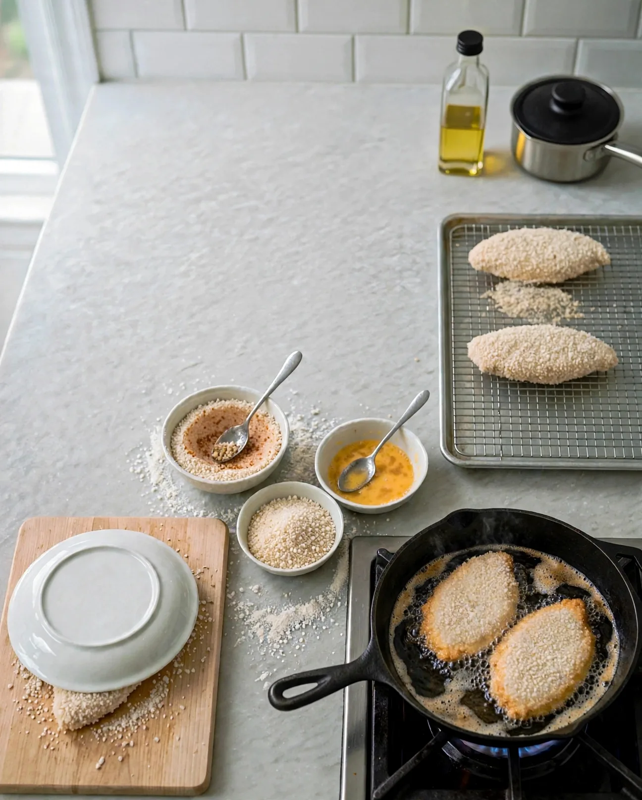 Breaded chicken cutlets frying in a skillet, edges turning golden