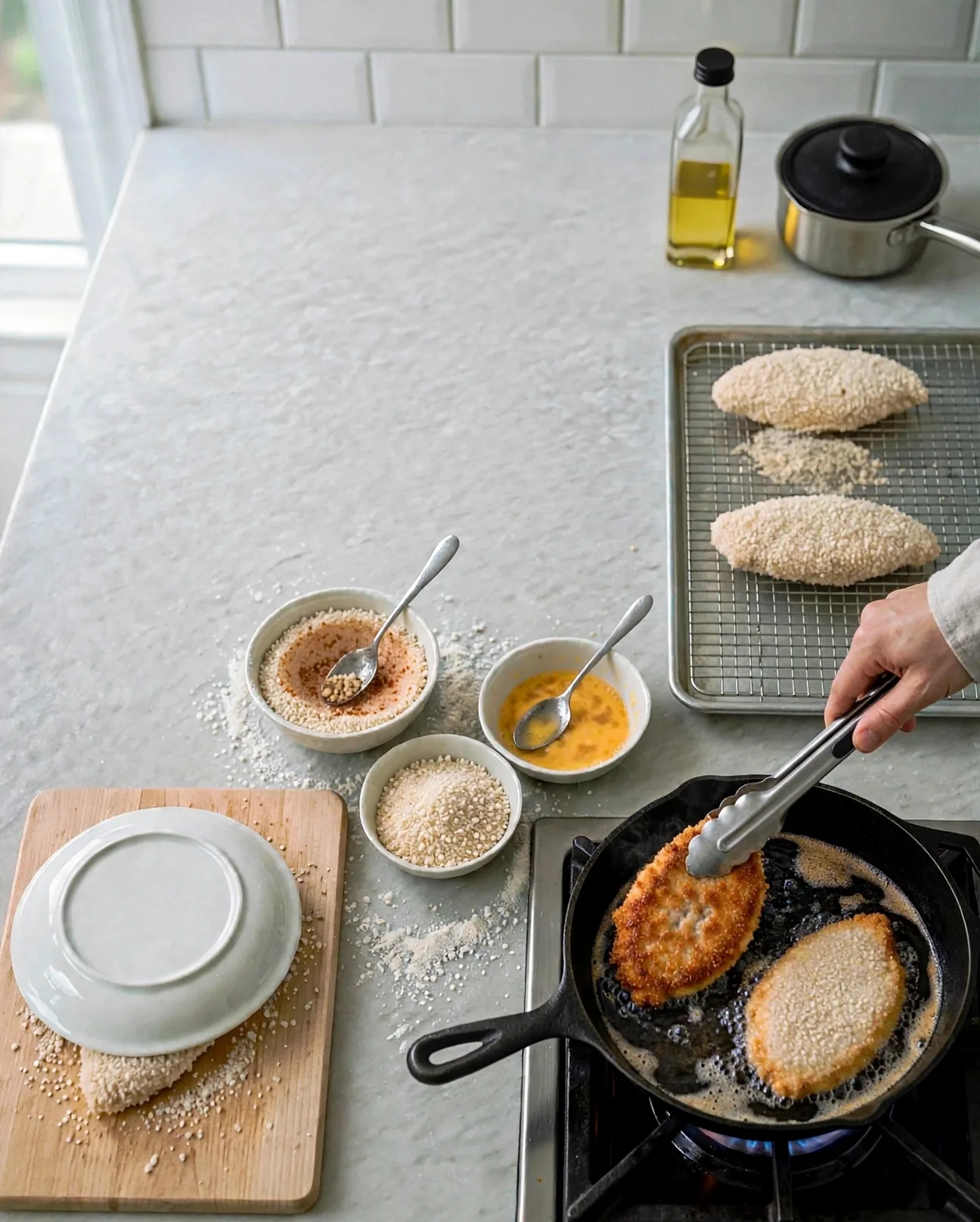 Turning golden fried chicken cutlets with tongs