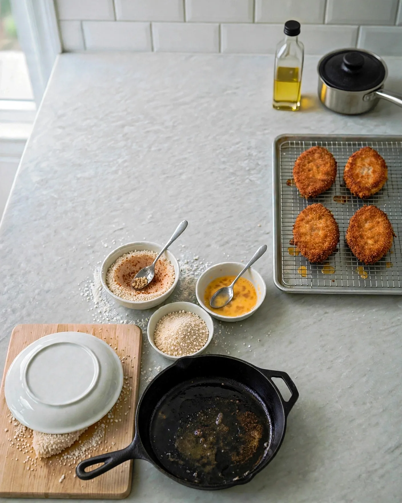 Four crispy golden fried chicken cutlets draining on a wire rack