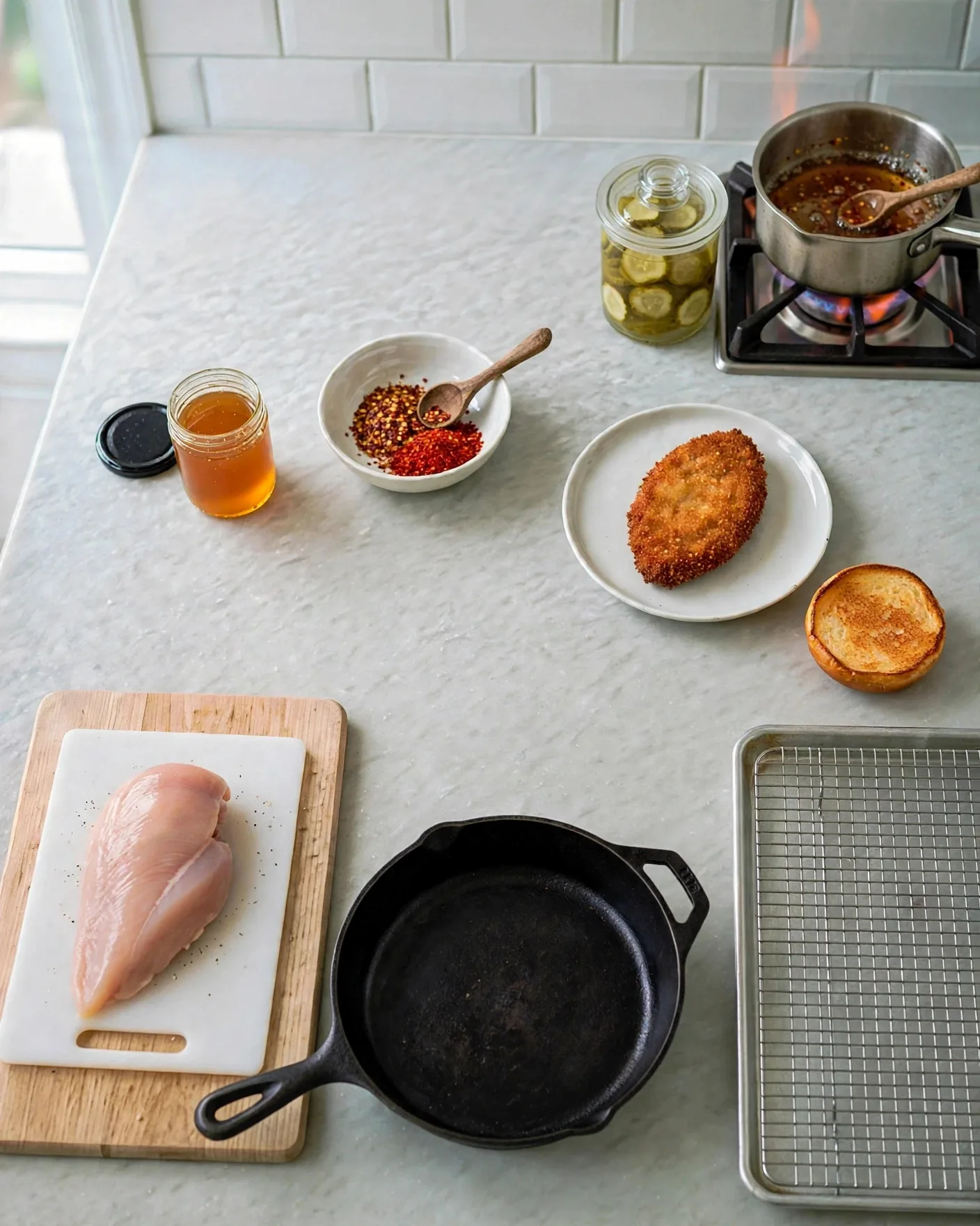 Warming honey with red pepper flakes in a small saucepan