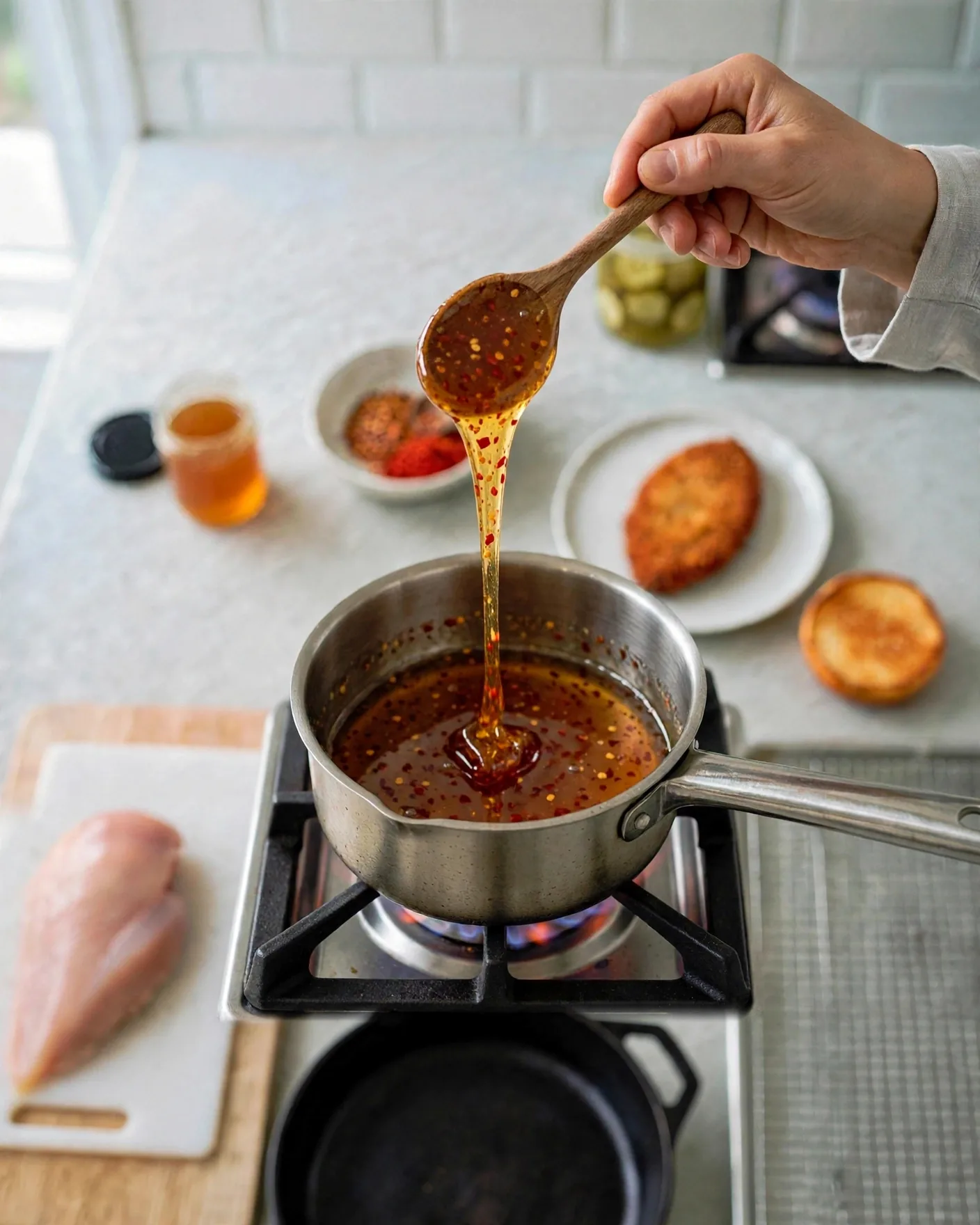 A spoon lifting glossy hot honey with chili flakes