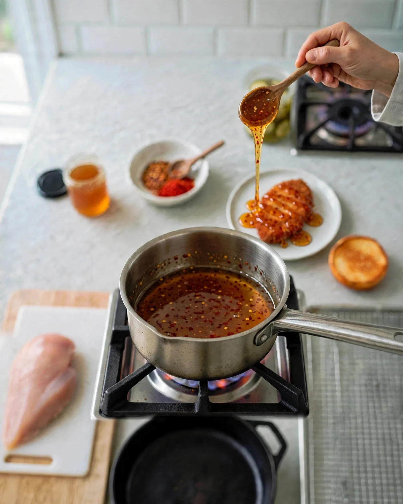 Drizzling hot honey over a crispy fried chicken cutlet