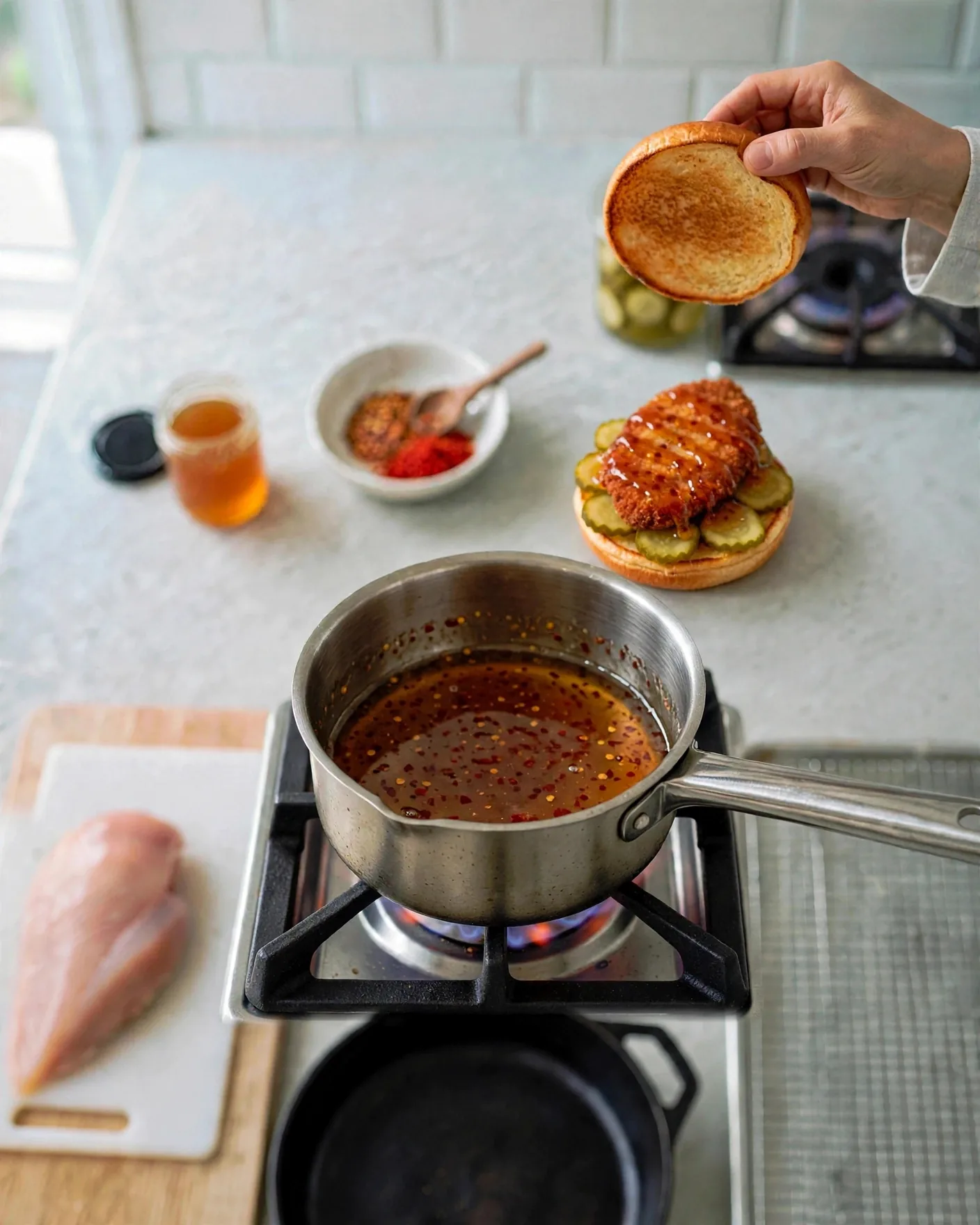 Assembling a hot honey chicken sandwich with pickles on a toasted bun