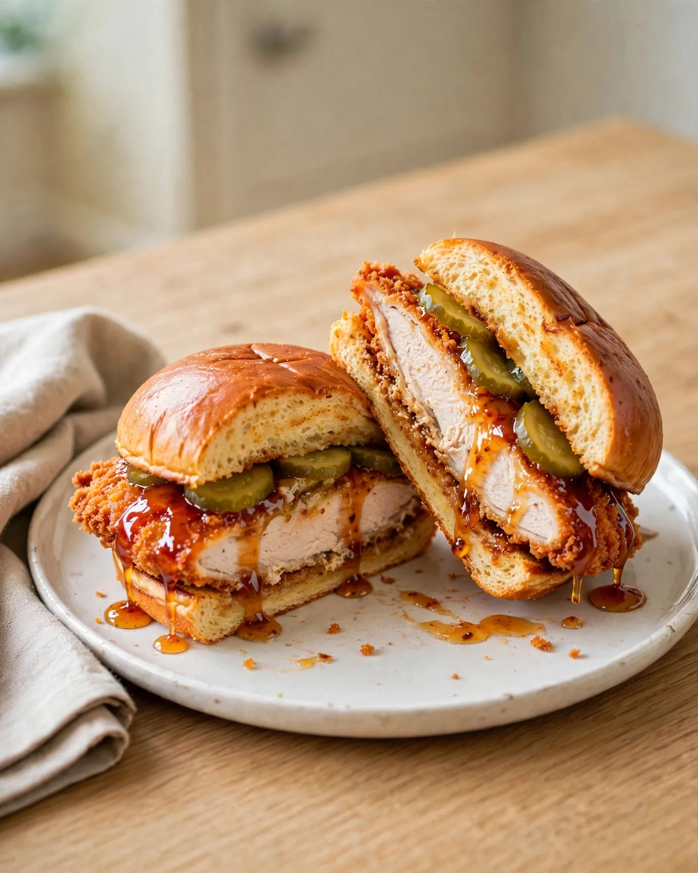Hot honey pickle chicken sandwich cut in half showing crispy chicken, hot honey glaze and dill pickles