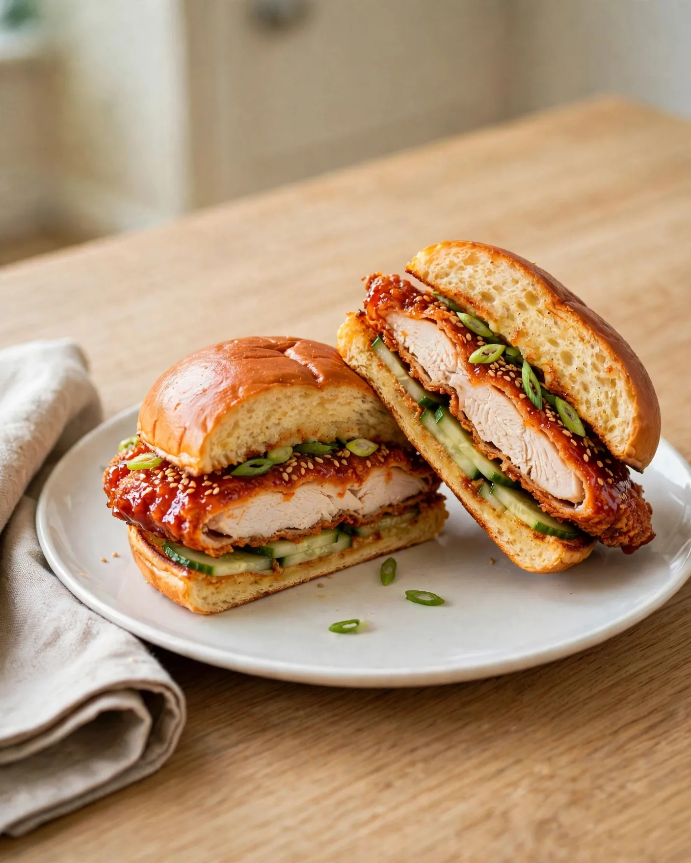 Crispy Korean chicken sandwich cut in half showing gochujang glaze, cucumber, sesame seeds and green onion