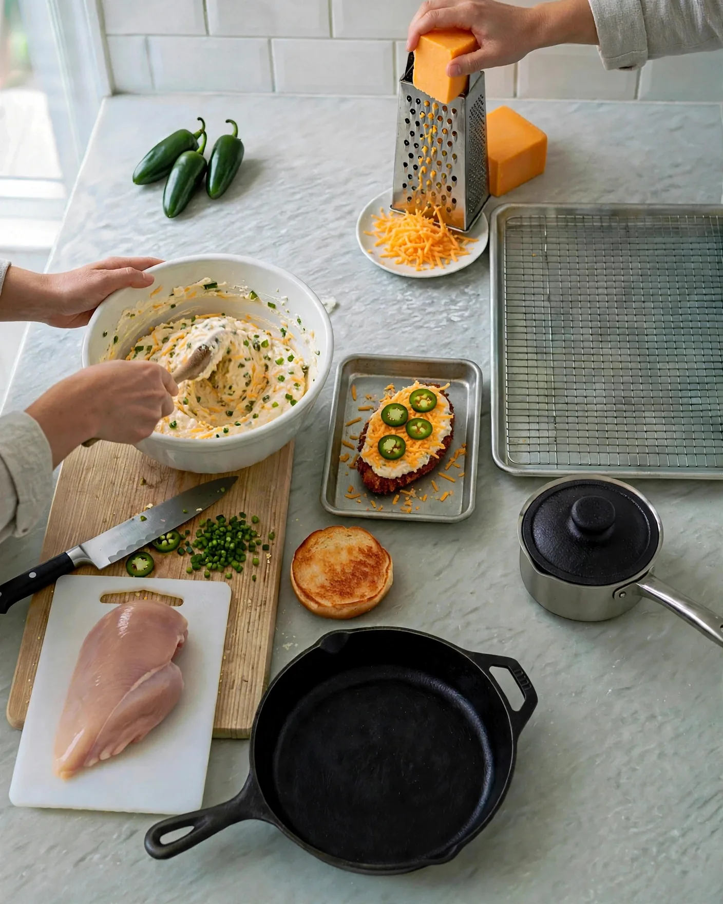 Topping a chicken cutlet with cheddar and jalapeño rings