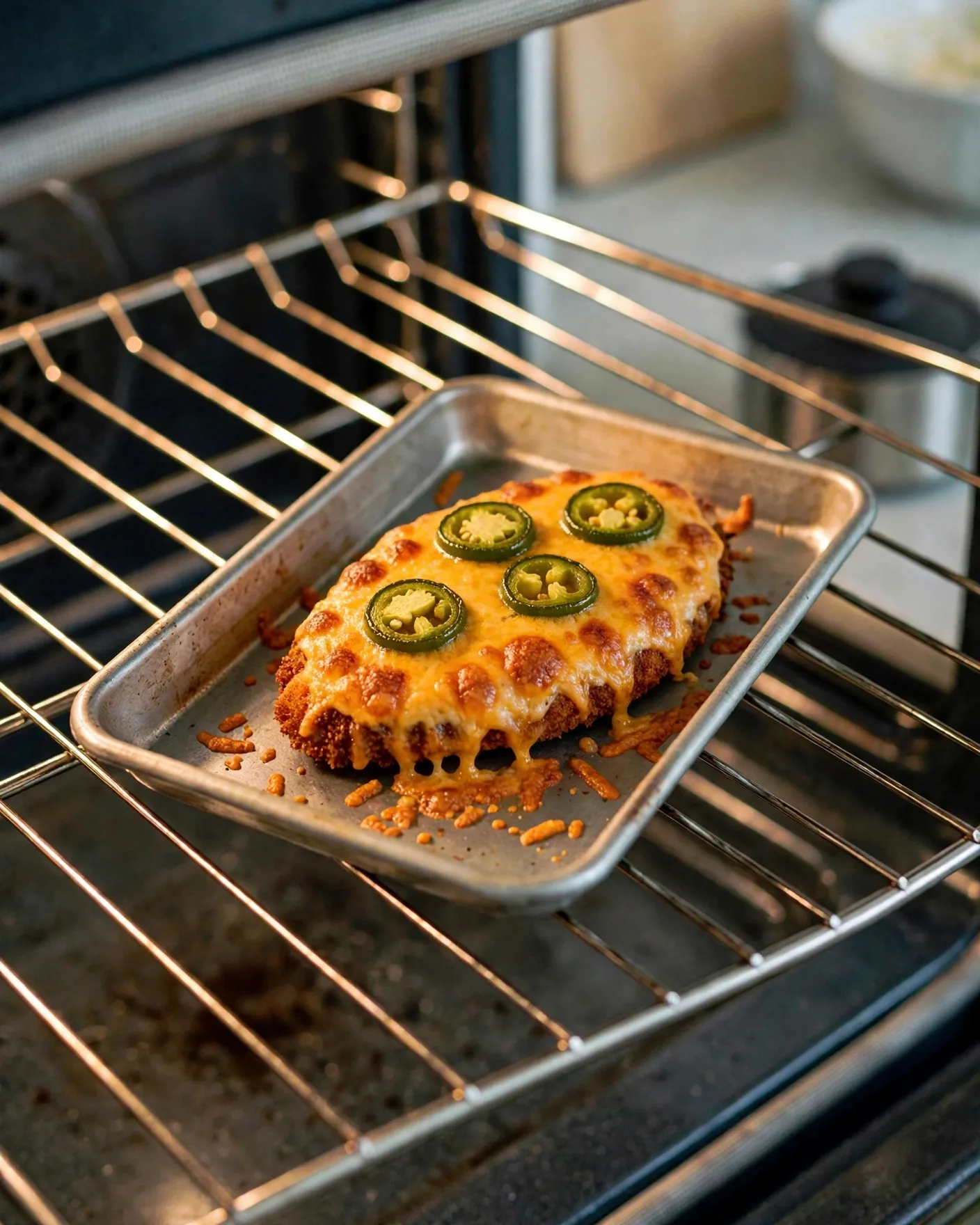 Melted cheddar bubbling on a jalapeño popper chicken cutlet