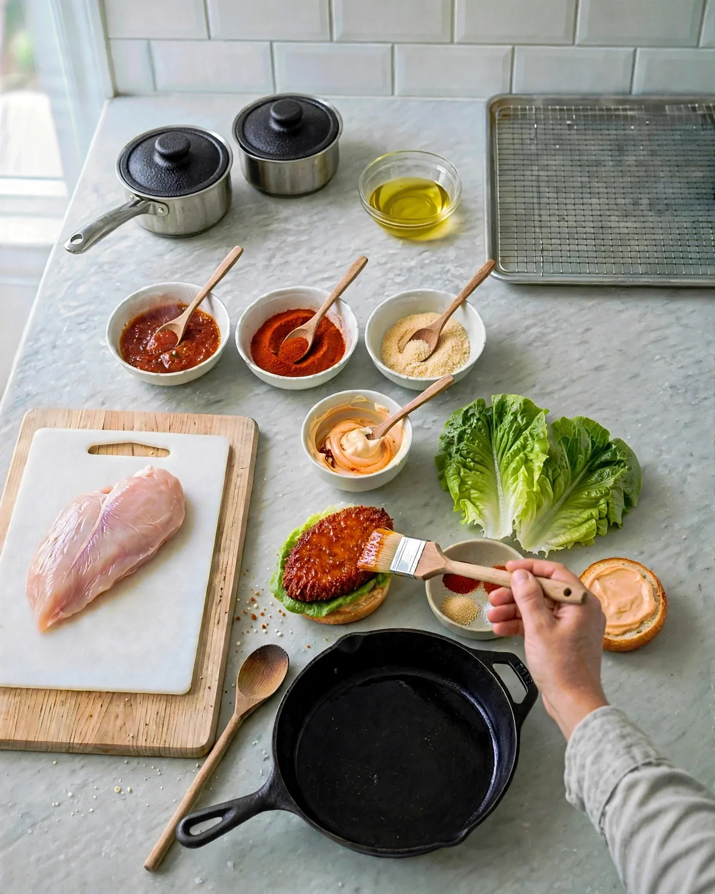 Building a spicy fried chicken sandwich with lettuce and spicy mayo