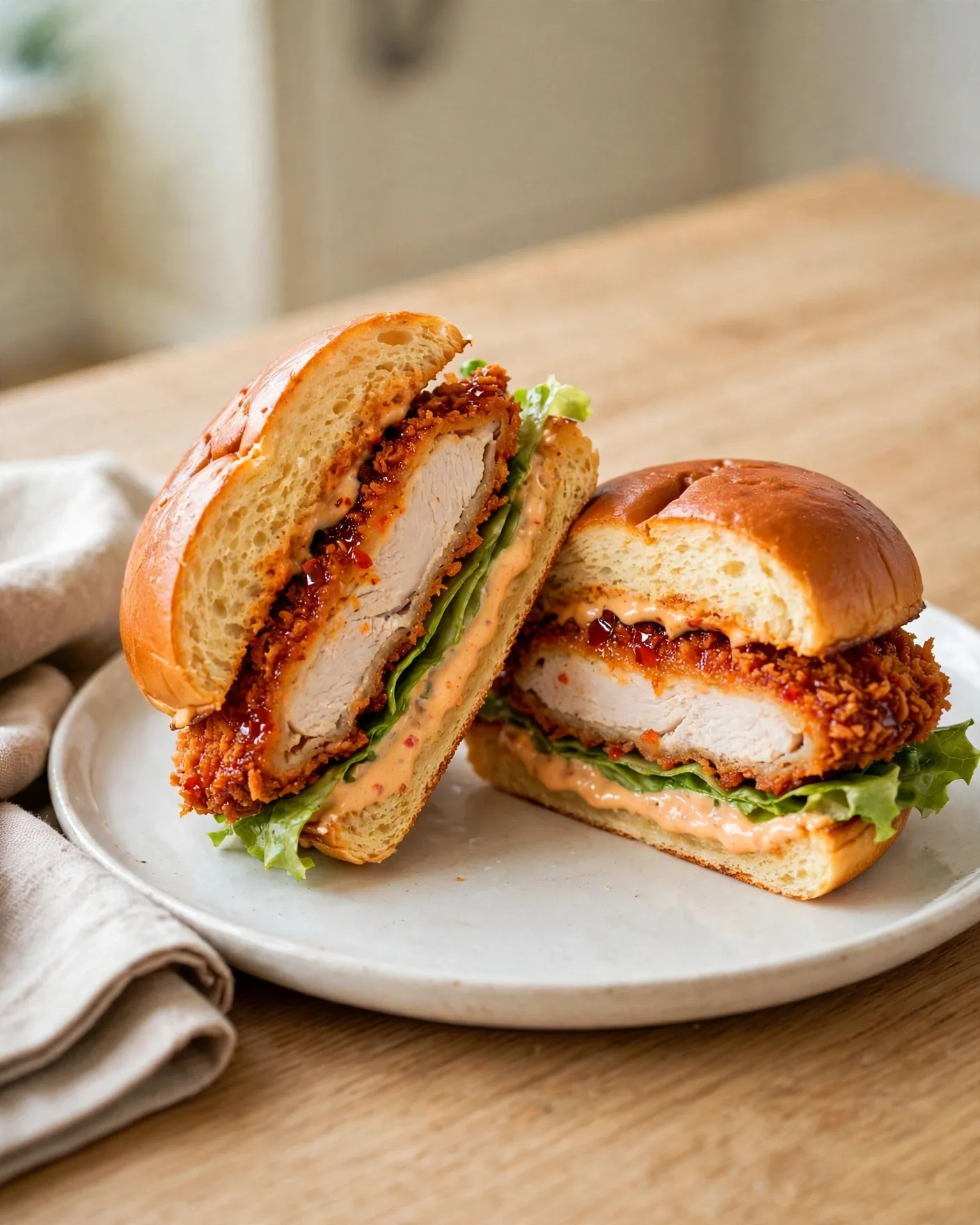 Spicy fried chicken sandwich cut in half showing a craggy red crust, lettuce and spicy mayo