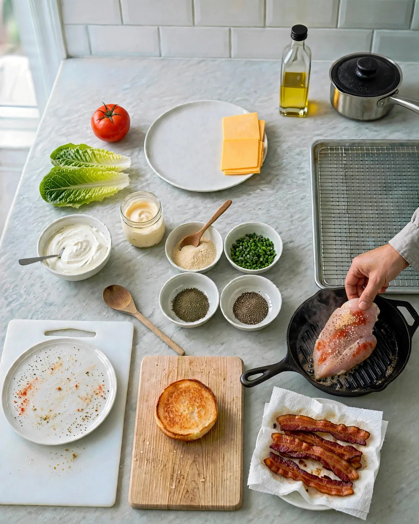 Placing a seasoned chicken cutlet on a hot grill pan