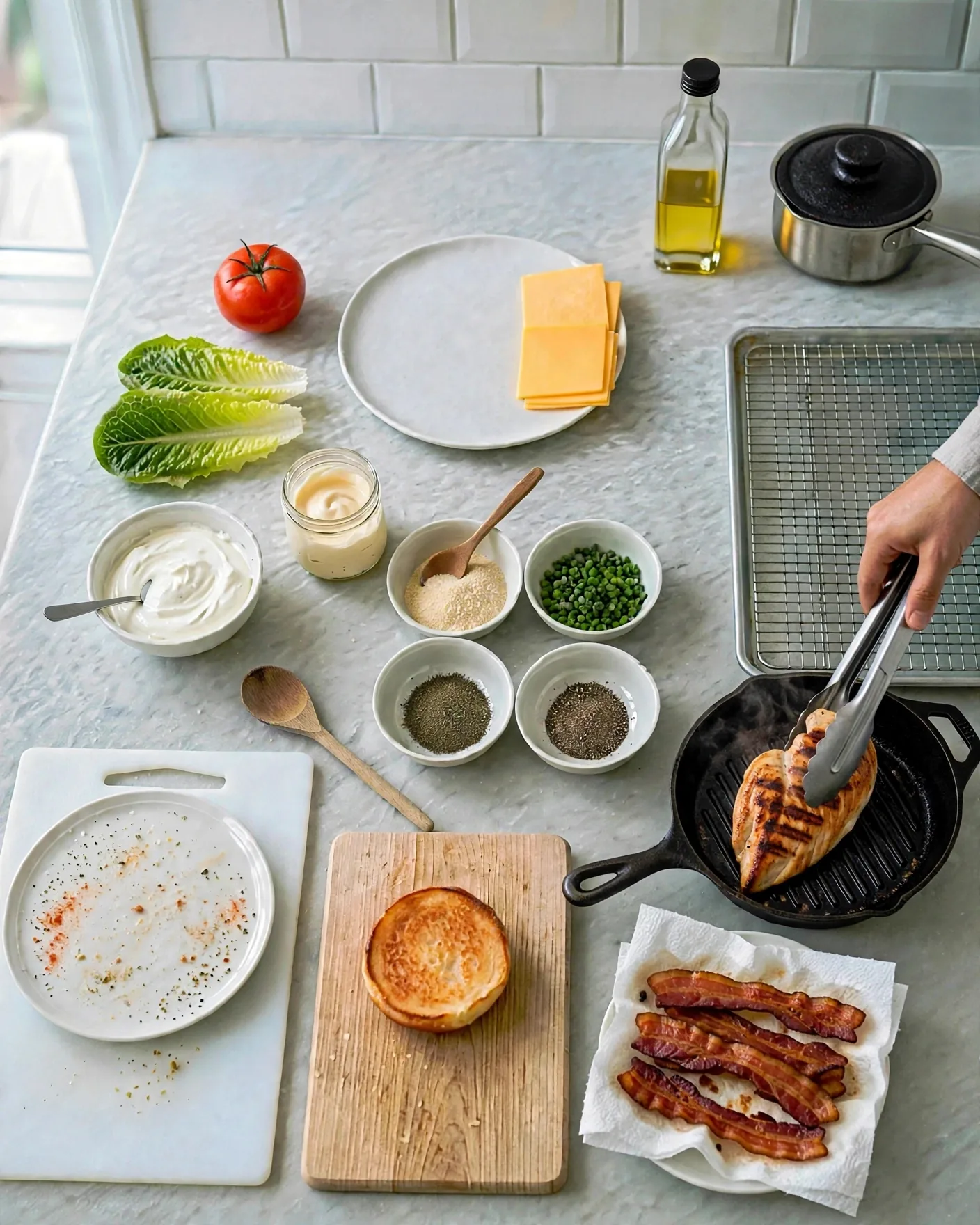Turning a grilled chicken cutlet to show char marks