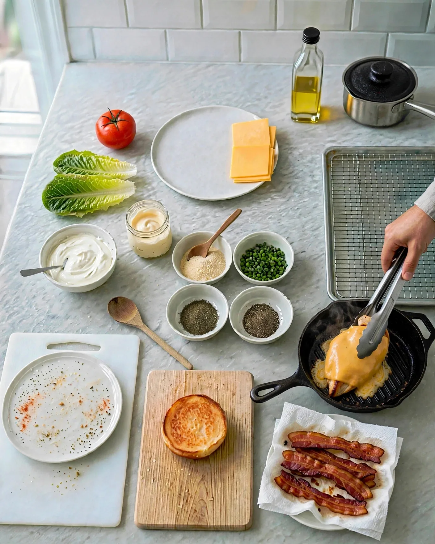 Cheddar melting over a grilled chicken cutlet in a pan