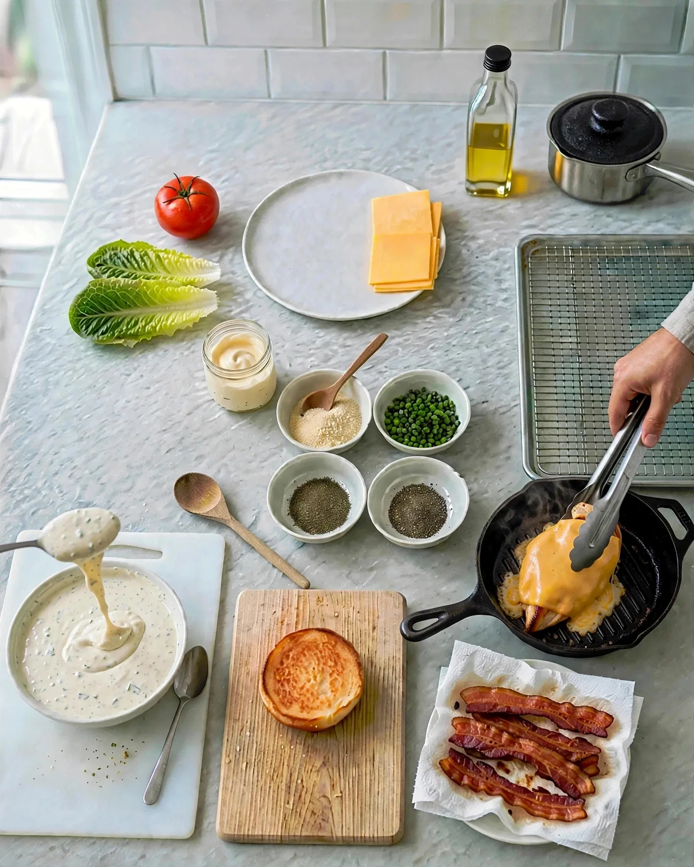 Creamy homemade ranch dressing falling from a spoon