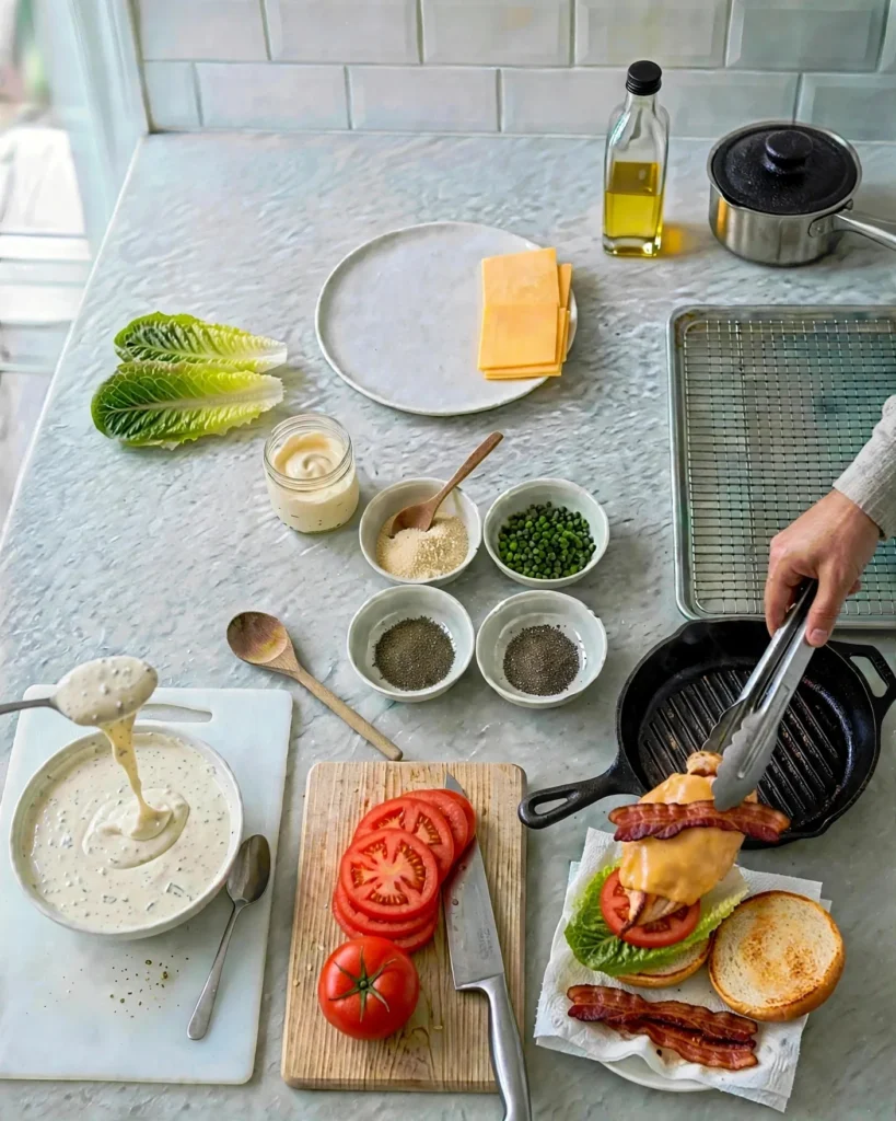 Building a bacon ranch chicken sandwich with tomato, bacon and cheddar