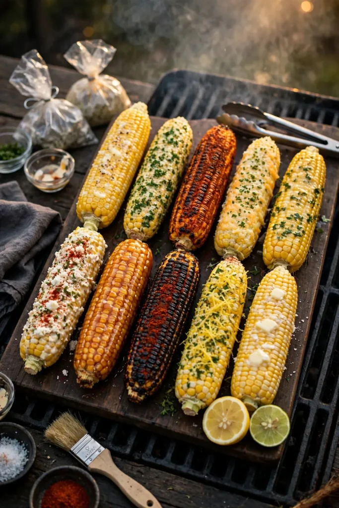 Ten corn on the cob recipes arranged in two rows on a wooden board