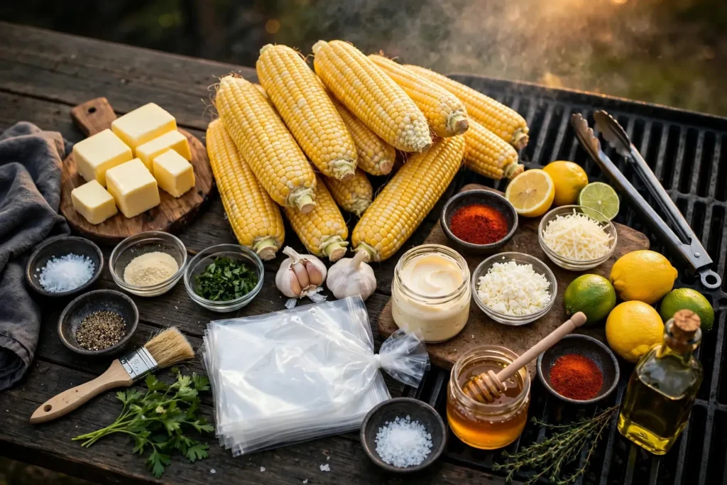 Ingredients for grilled corn toppings on a dark wooden table