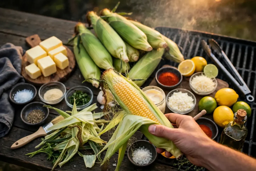 Hand peeling husk from fresh corn on the cob