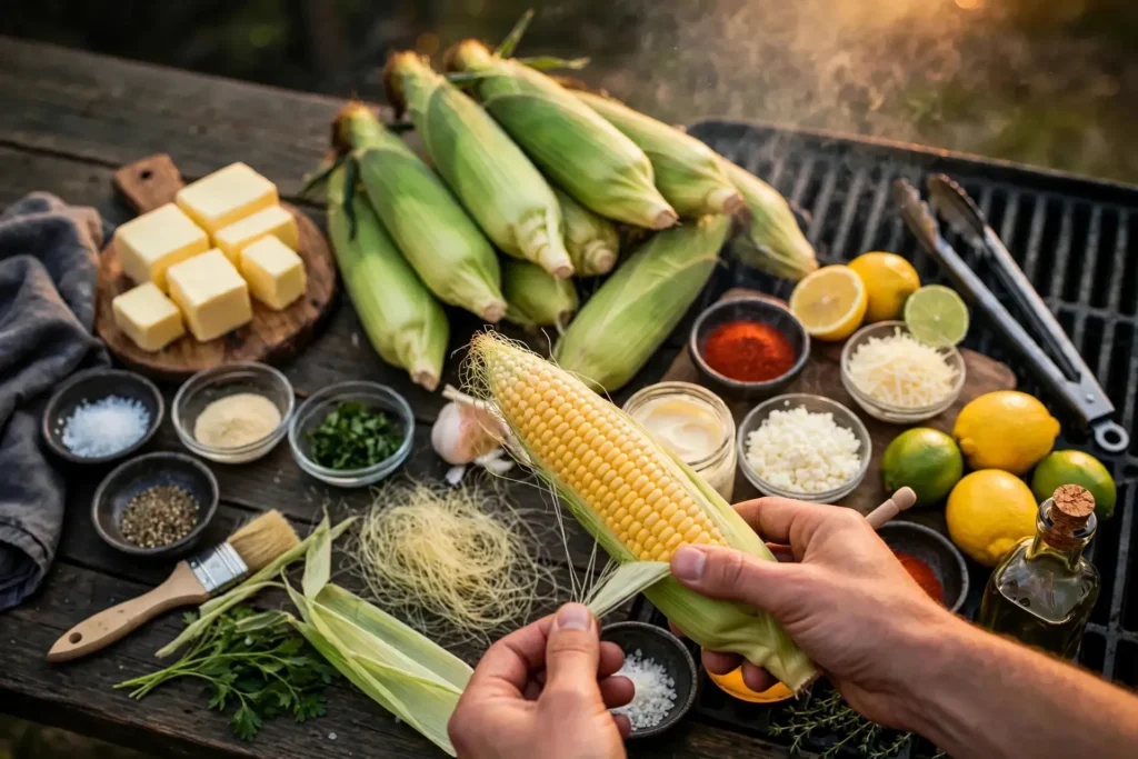 Hands removing silk threads from peeled corn