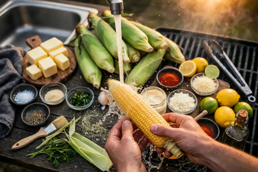 Rinsing peeled corn ears under running water