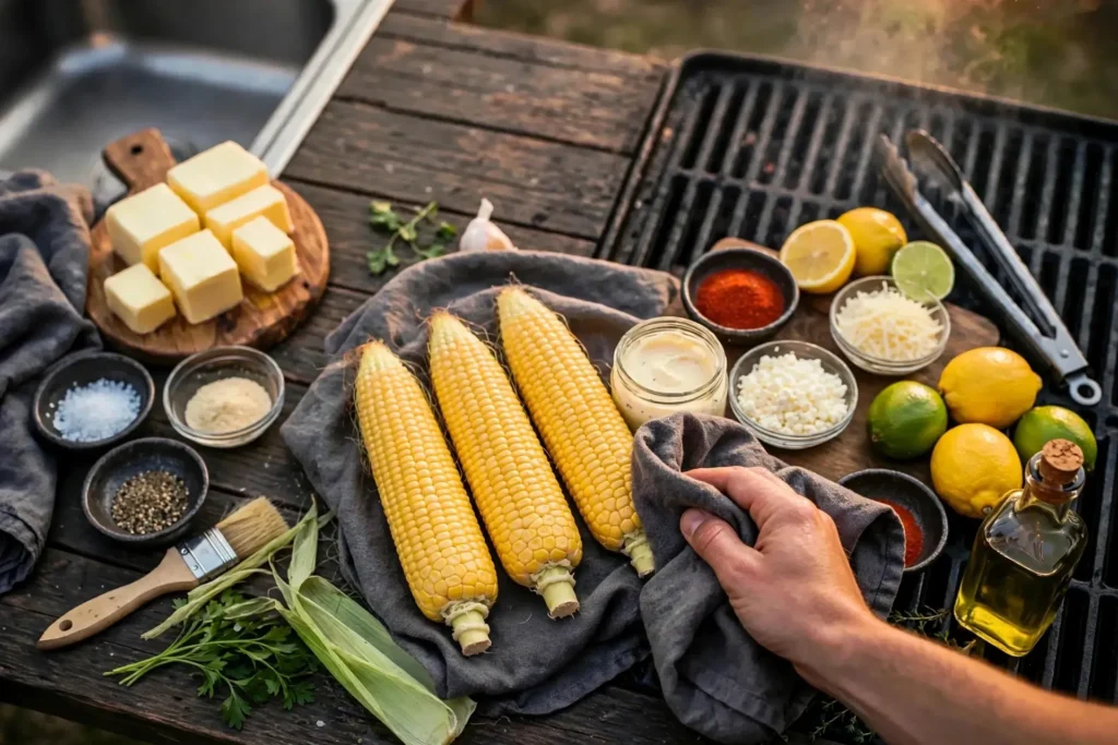 Patting corn ears dry on a linen towel