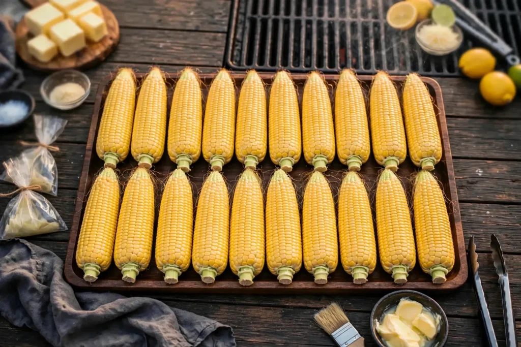 Twenty ears of corn arranged as ten pairs on a tray